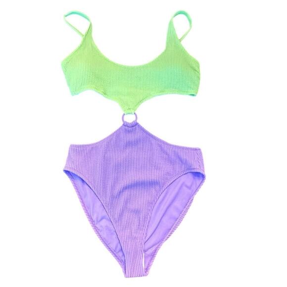New Salt + Cove Juniors' Colorblock One-Piece Monokini Lime Purple Juniors XL - Picture 2 of 11